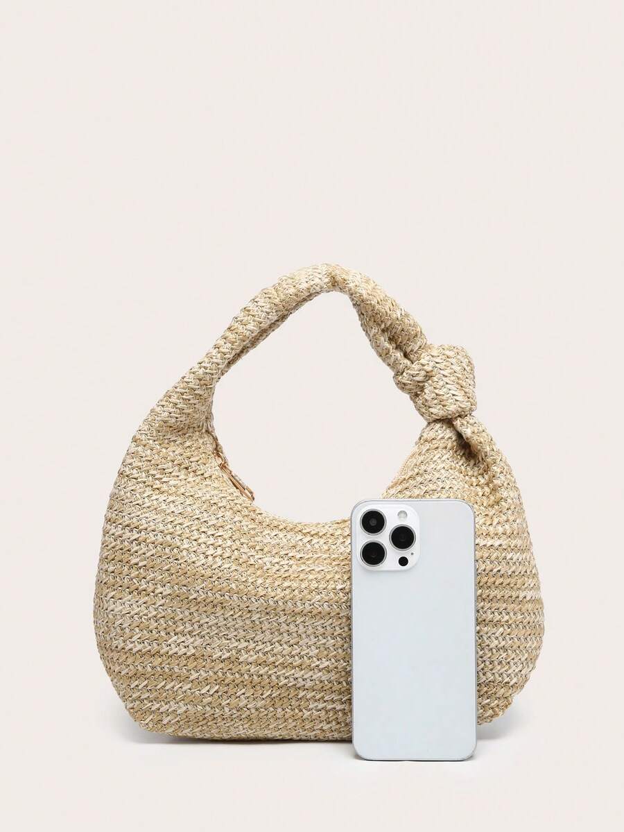 Half Moon Crescent - Crescent-Shaped Straw Handbag With Knotted Handle,