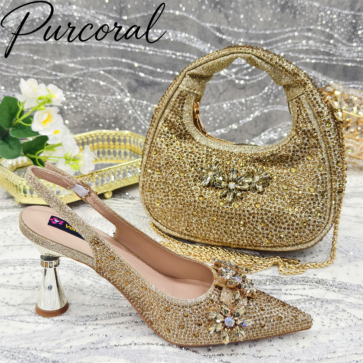 Women Bags For Wedding - Purcoral Sparkly Gold Rhinestone Slingback Heels