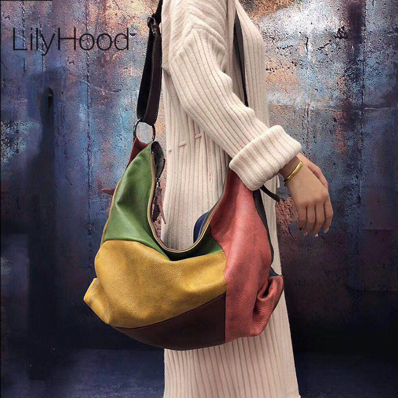 Hobo Bag Slouchy - Oversized Female Genuine Leather Patchwork Hobo
